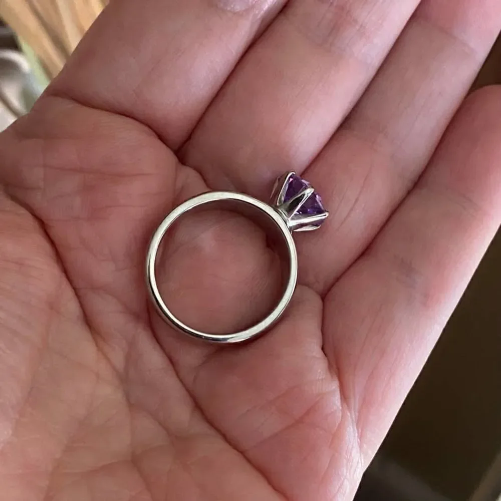 High polished Stainless Steel  Ring with Amethyst AAA Grade CZ Size 9